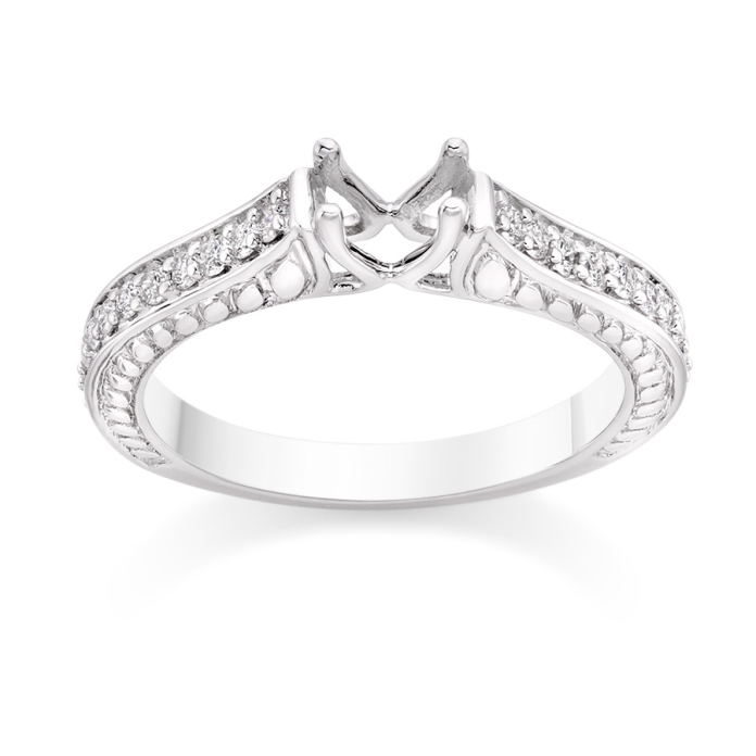 Engraved Pave Set Side Stone Engagement Ring Setting in 18k White Gold £999